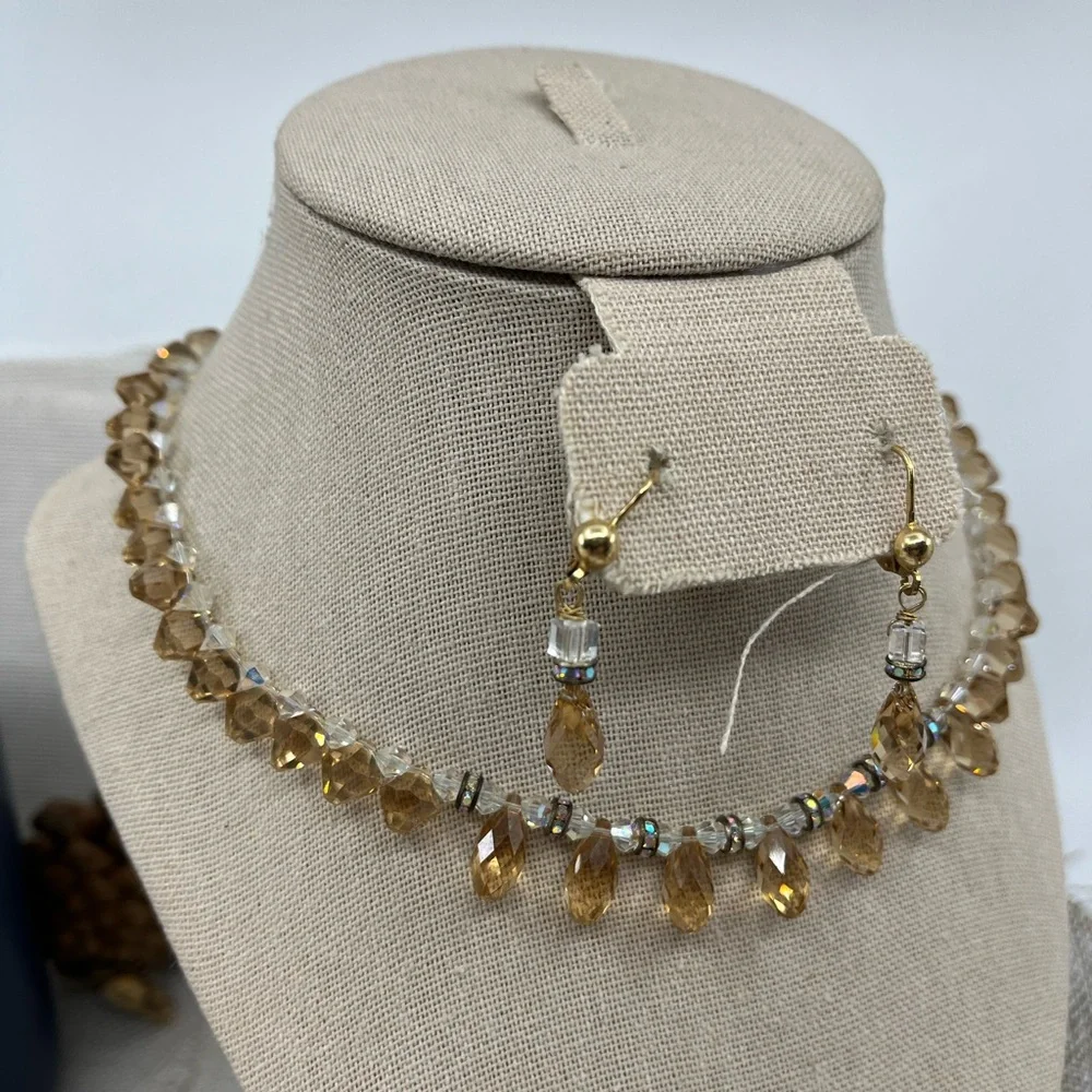 Vintage 14K Gold '585 Italy' Necklace Earring Set with Faceted Quartz - Picture 5 of 16